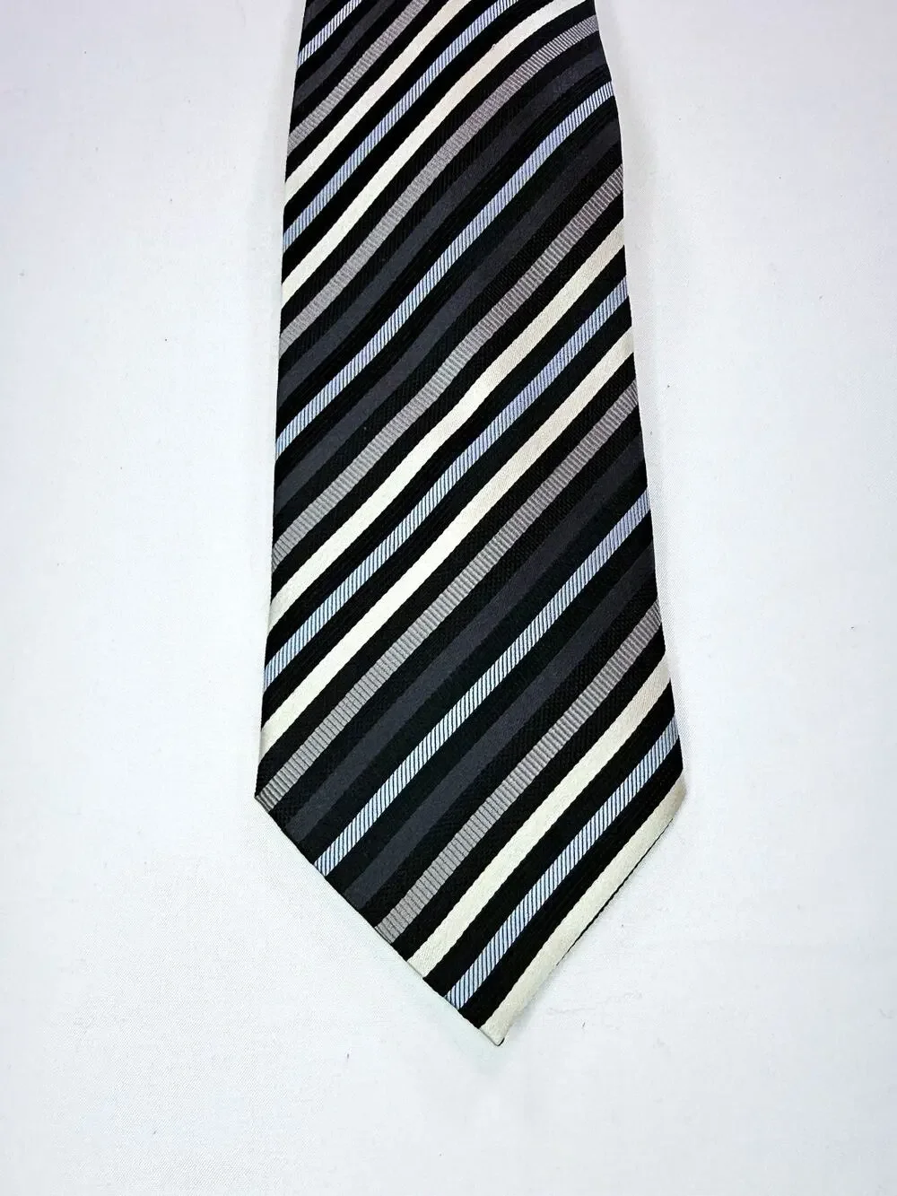 Valerio Garati 100% Silk Striped Woven Tie Black Gray White Pointed